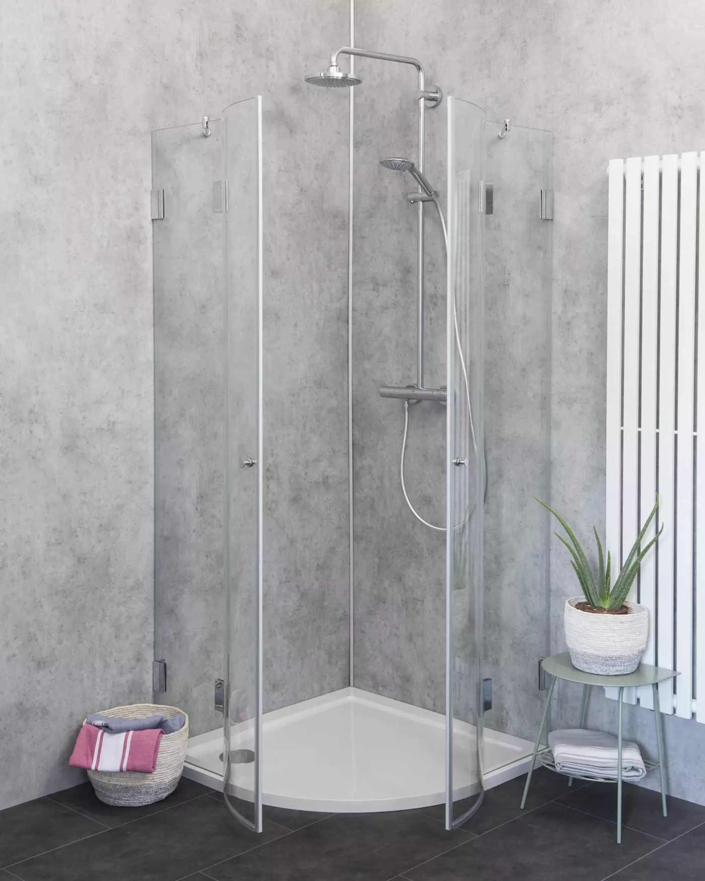 Viertelkreis-Dusche 100x100 mit 2 Türen & Duschwanne