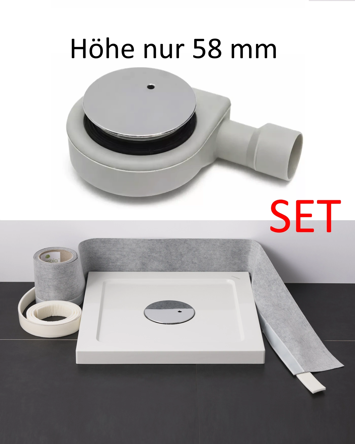 Duschwannen Abfluss Garnitur chrom im Set mit Dichtband & Schallschutzband
