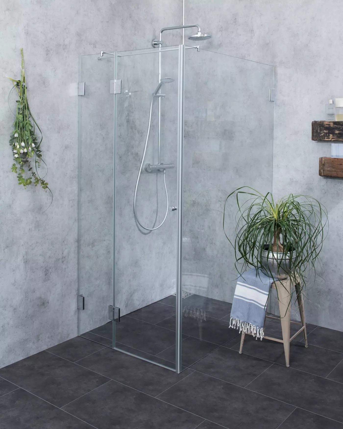 BXSX, Bündige Eck-Dusche + Festwand 120cm, Glas klar, verchromt, H=195cm