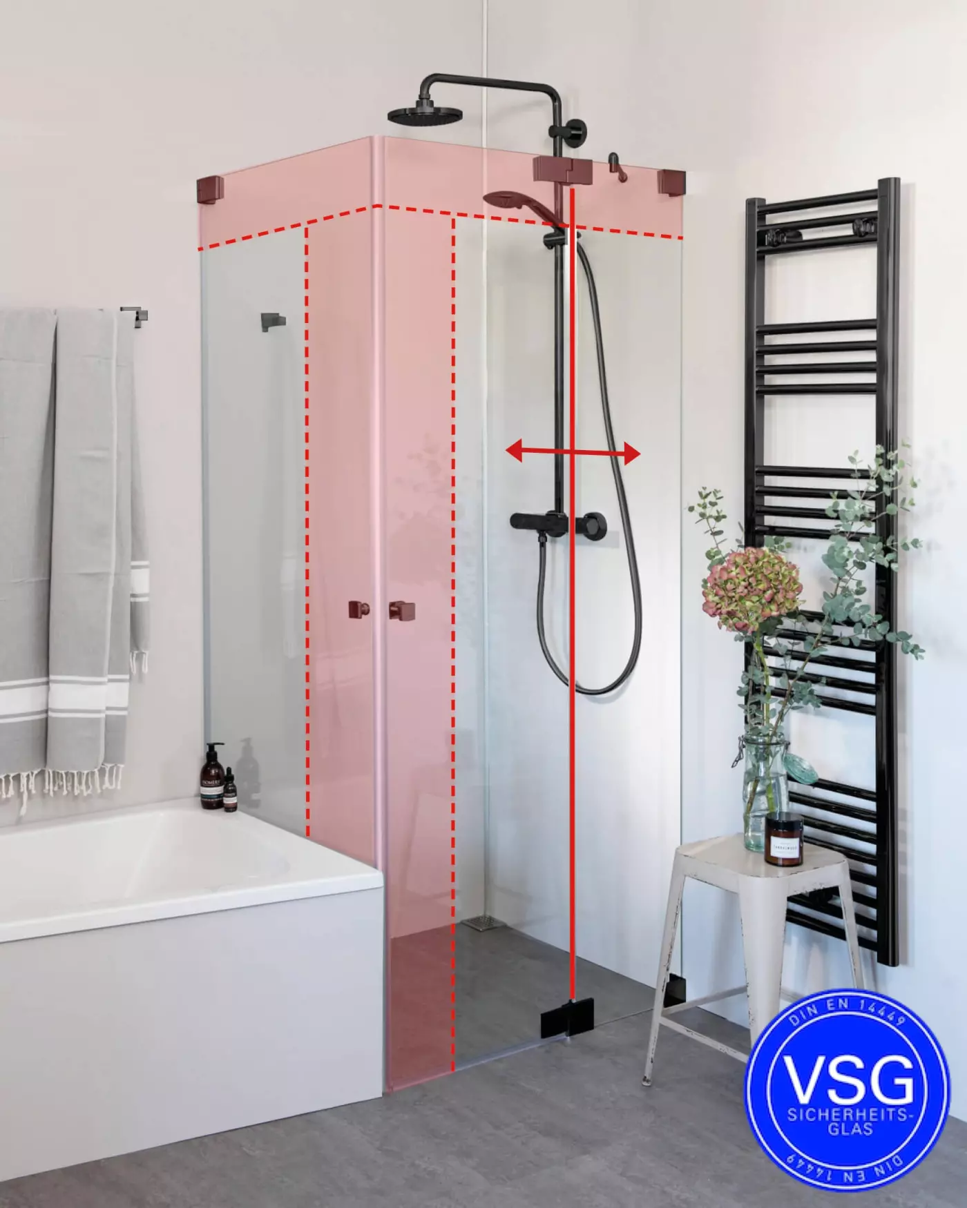 VSG Eck Duschkabine neben Badewanne mit 2 Pendeltüren nach Maß