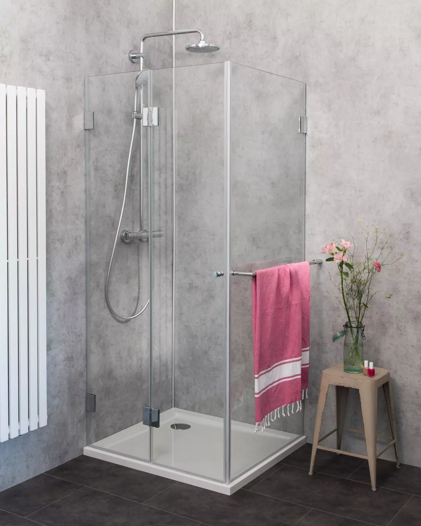 F1S, Eck Falt-Duschkabine + Festwand, Glas klar, verchromt, H=195cm