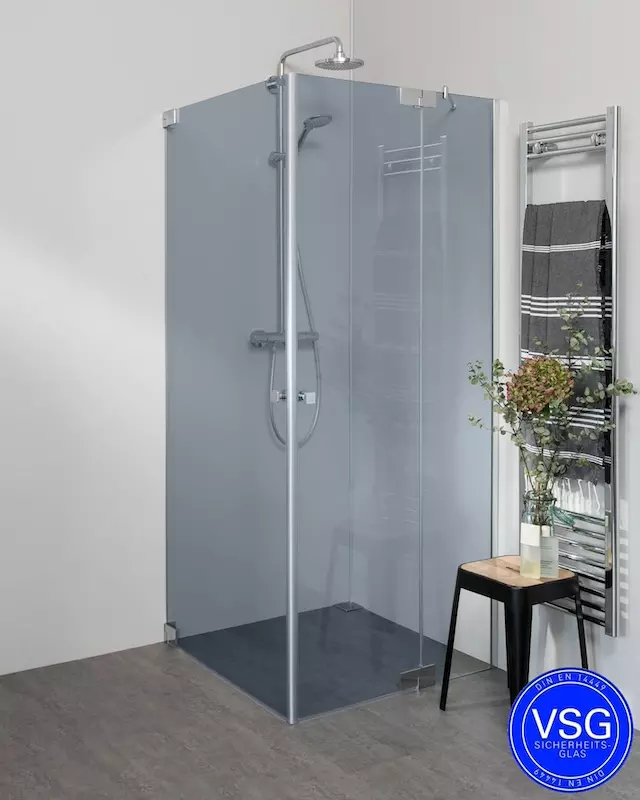 Teilgerahmte VSG Eckdusche mit Pendeltür an Wand & Pendeltür an Festteil nach Maß