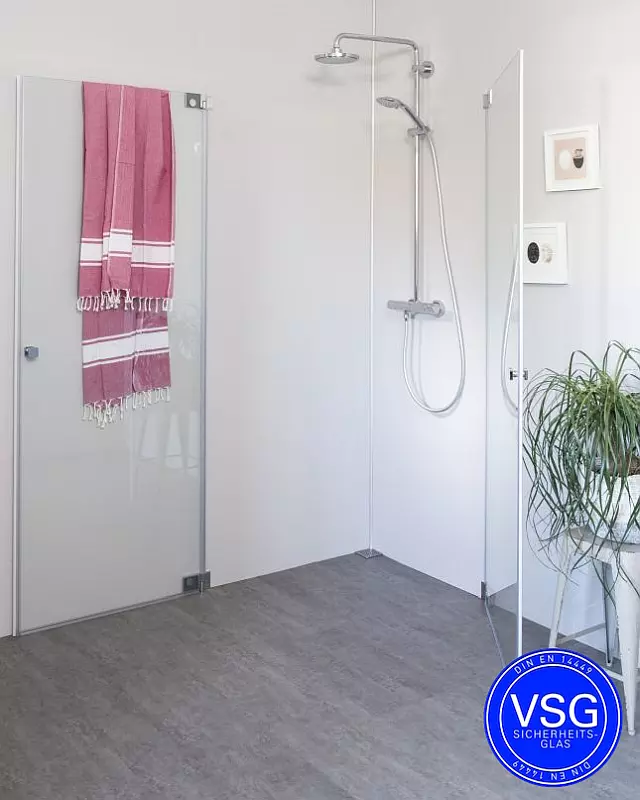 VSG Eck Duschkabine mit 2 Pendeltüren an Wand auf Maß