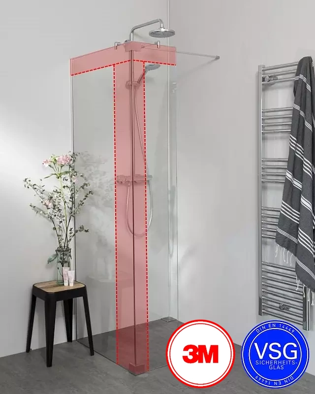 Begehbare VSG Dusche zum Kleben mit Wandanschlussprofil, Maßanfertigung