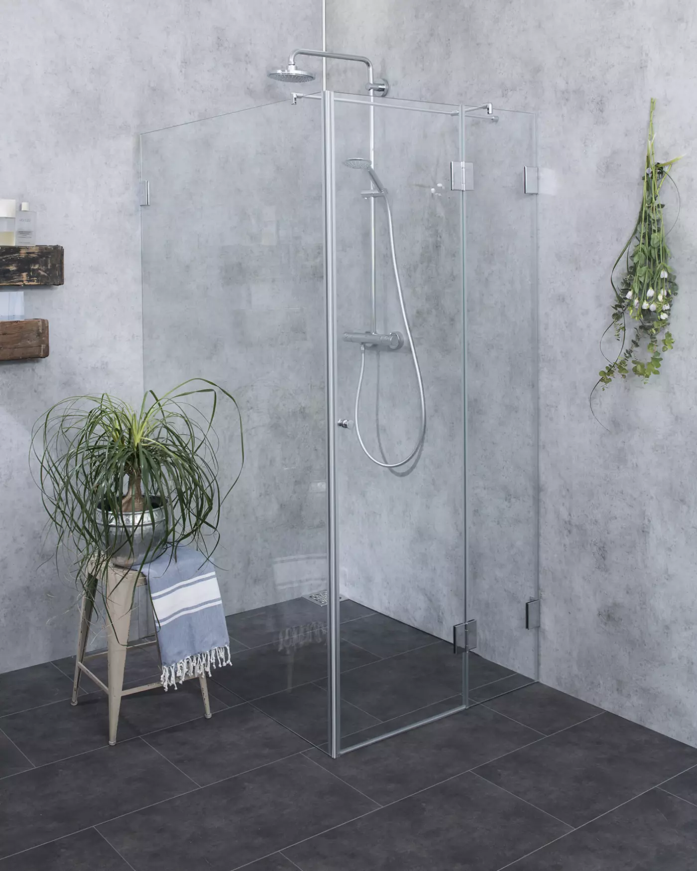 BXSX, Bündige Eck-Dusche + Festwand 120cm, Glas klar, verchromt, H=195cm