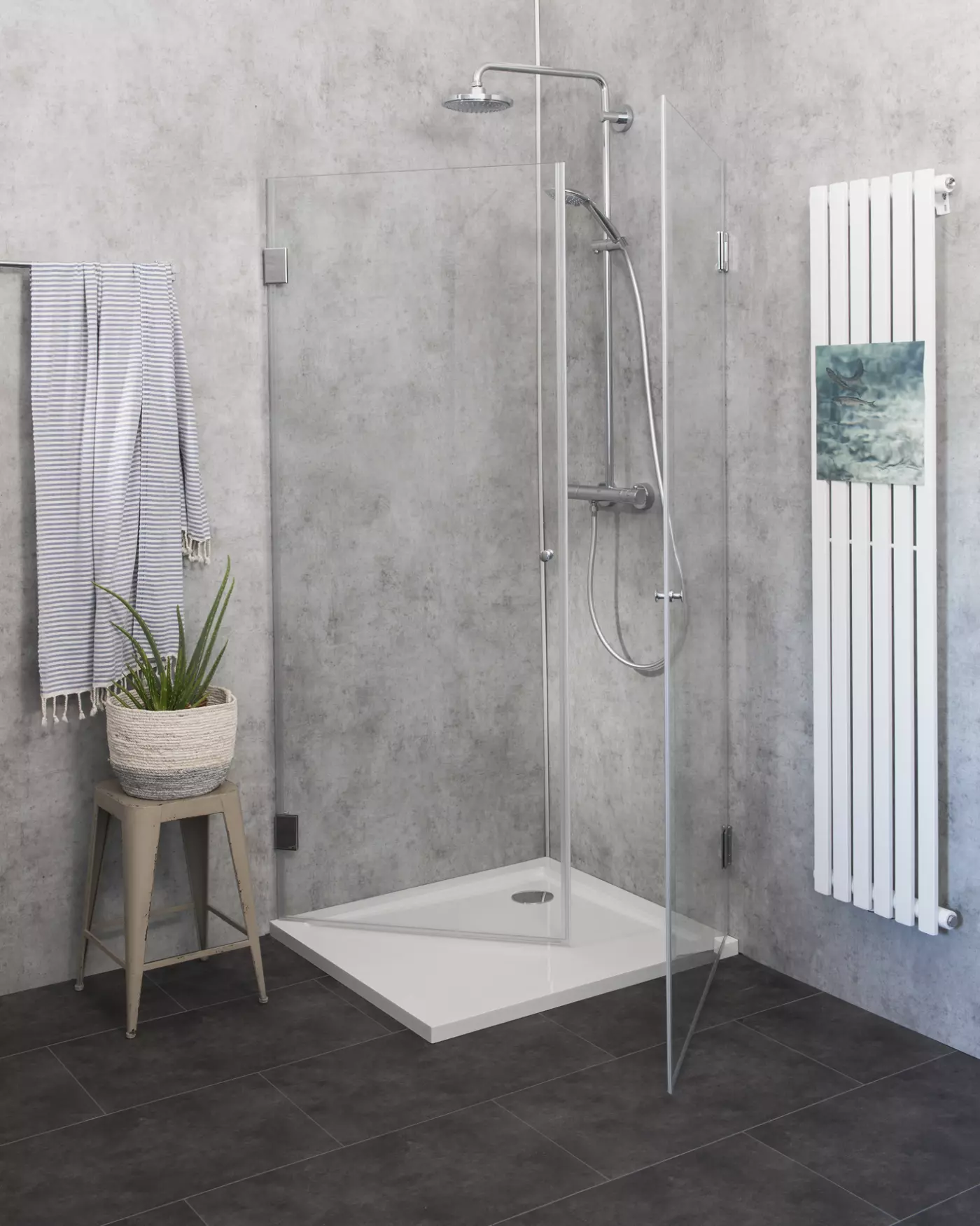 Eckdusche 100x100 mit 2 Türen an Wand H=173cm & Duschwanne