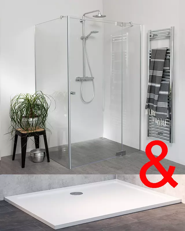 Teilgerahmte Eck Duschkabine 100x90 mit Pendeltür groß und Festwand & Duschwanne