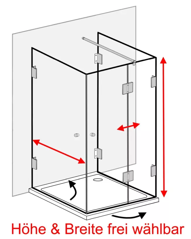 MUiS, 3-Seiten U-Form Duschabtrennung nach Maß, Klarglas, Chrom, H=195cm