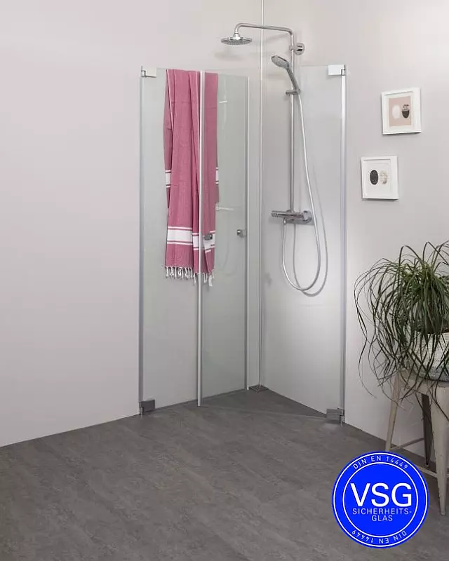 VSG Eck Duschkabine mit 2 Pendeltüren an Wand auf Maß
