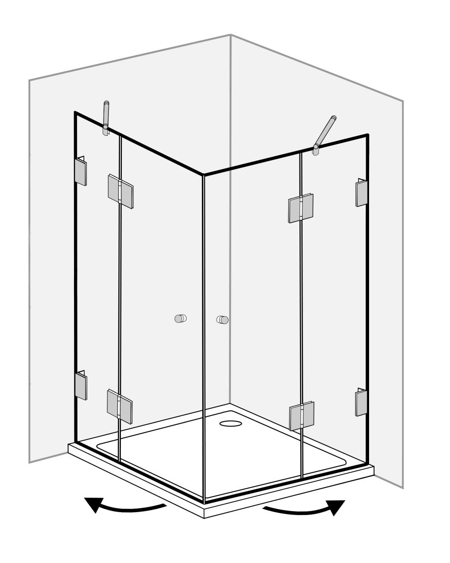 Eck-Dusche mit 2 Türen, Duschkabine mit Duschwanne, ESG Glas, H=195cm,  Combia A2E-SL1080