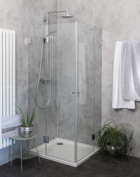 Eck-Dusche mit 2 Türen Duschkabine mit Duschwanne ESG Glas 90x80cm H=195cm
