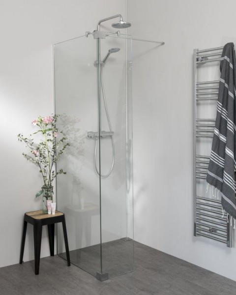 Begehbare Dusche: Walk In Duschwand mit Glas-Festteil über Eck und Klemm Wandprofil